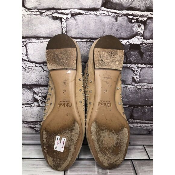 Chloe Beige Suede Leather Scalloped Perforated Stud Ballet Flats Women Sz 40EU/9 - Picture 15 of 16